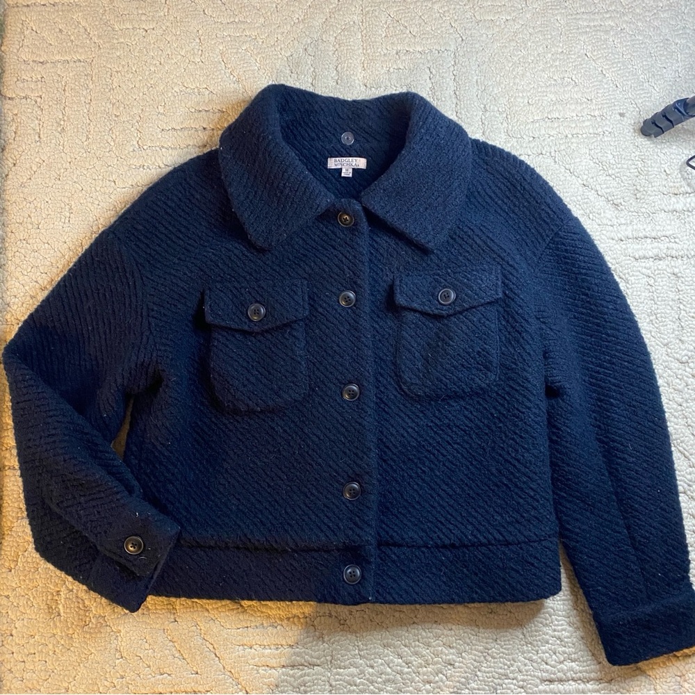 Badgley‎ Mischka Navy Blue Wool Blend Ribbed Button Front Jacket Womens Medium